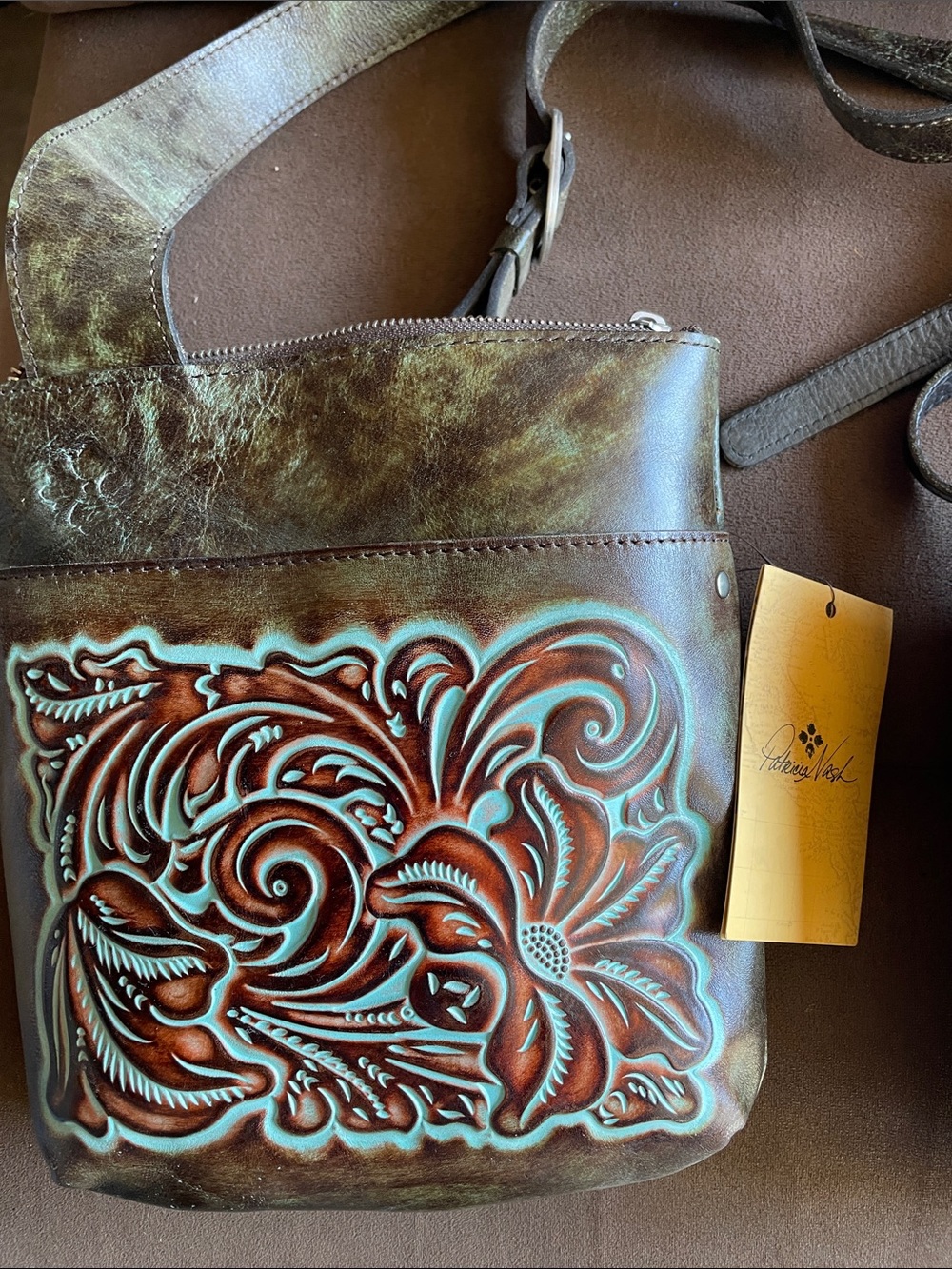 Patricia Nash brown Leather Crossbody with Teal Floral Tooling